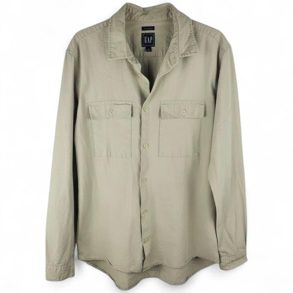 GAP Linen Blend Button Down Shirt Men's L Tall Khaki Elevated Casual Minimalist